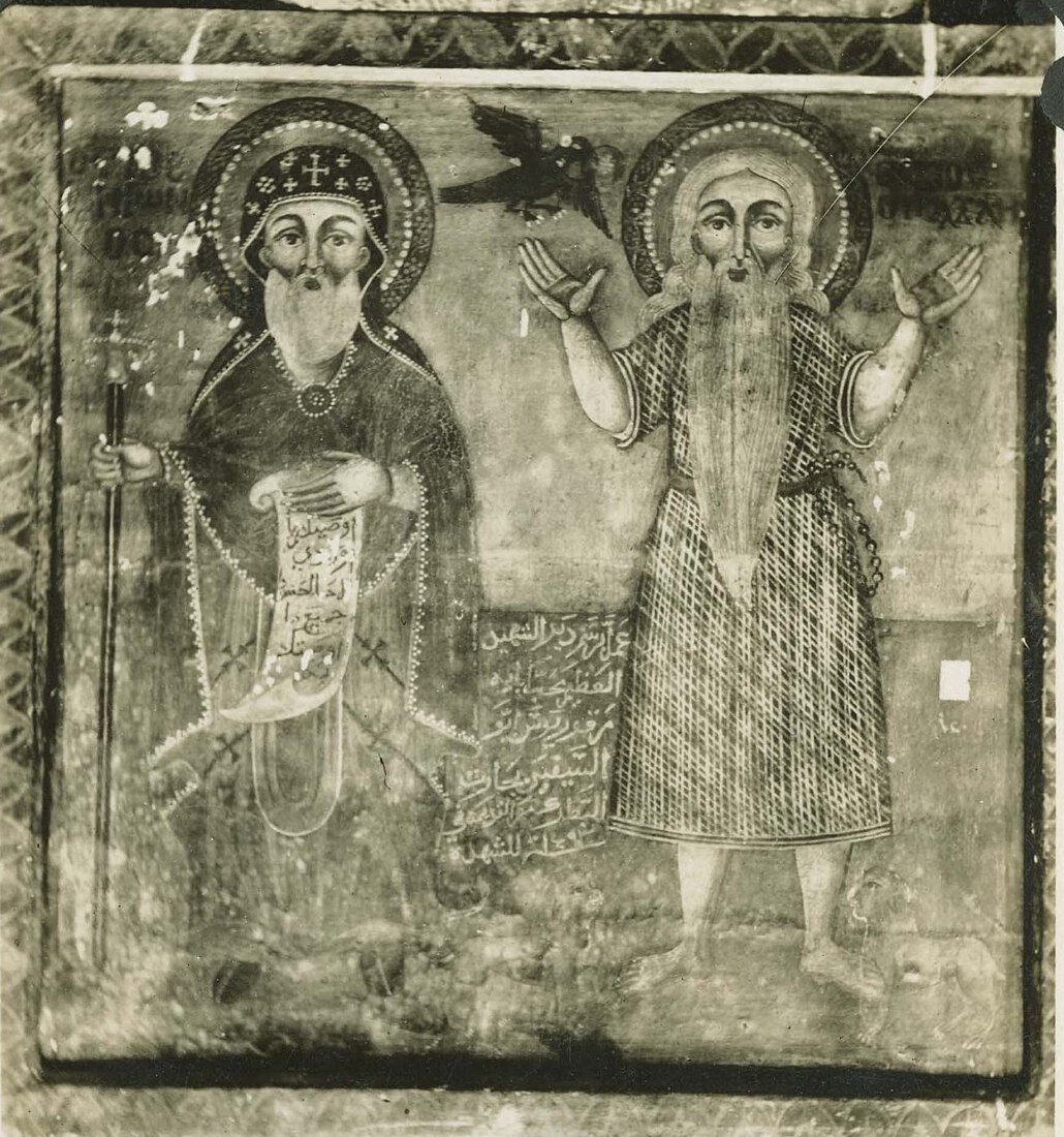 Wall painting of Saints Anthony and Paul with a raven, Red Sea Monasteries