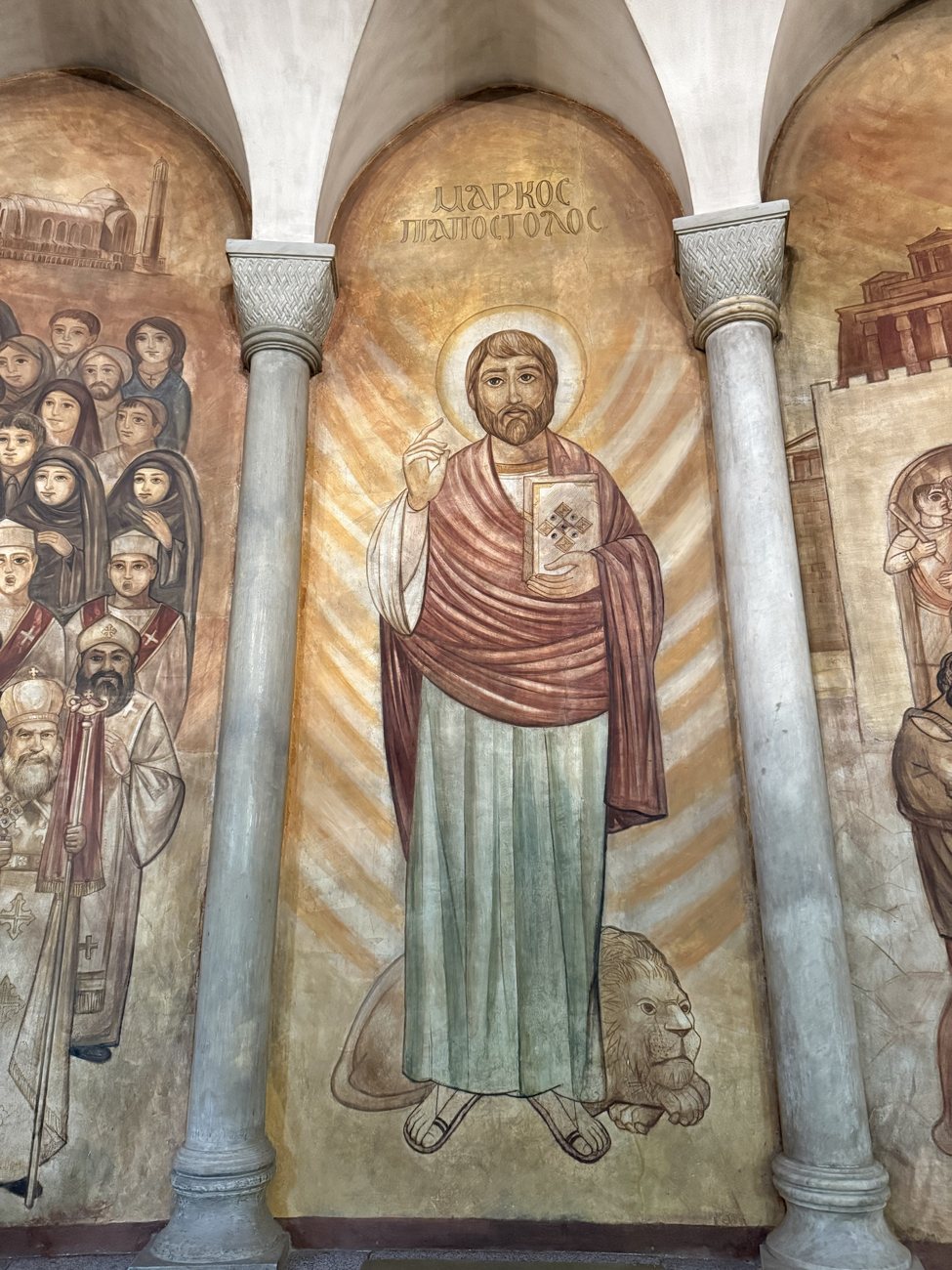 Wall painting of St. Mark with the Gospel and a lion